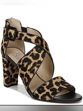 Franco Sarto Leopard Print Block Heel Sandal - Black and Tan